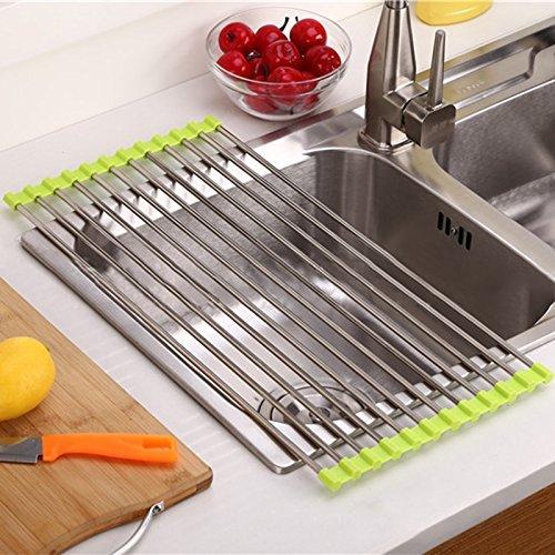 Sink Draining Rack- Stainless Steel Foldable/Roll-Up Over Sink Dish Drainer Drying Rack(Assorted Color)